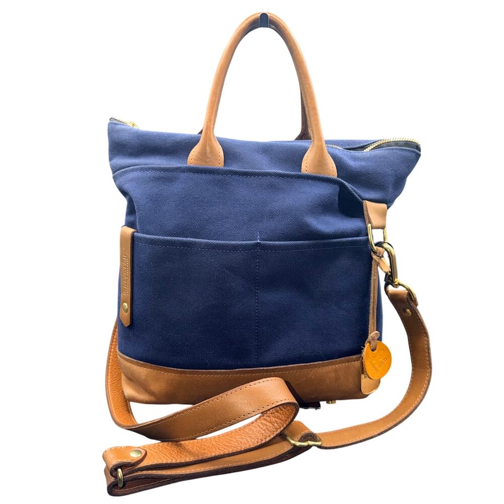 R. Riveter American Handmade Navy Canvas Tan Leather Crossbody Satchel Bag